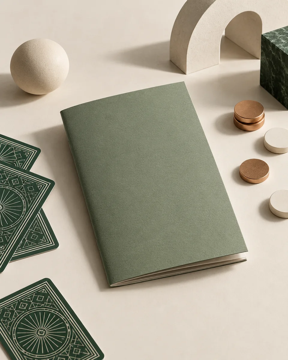 Blank guidebook, abstract card backs and unmarked tokens in cream and forest green